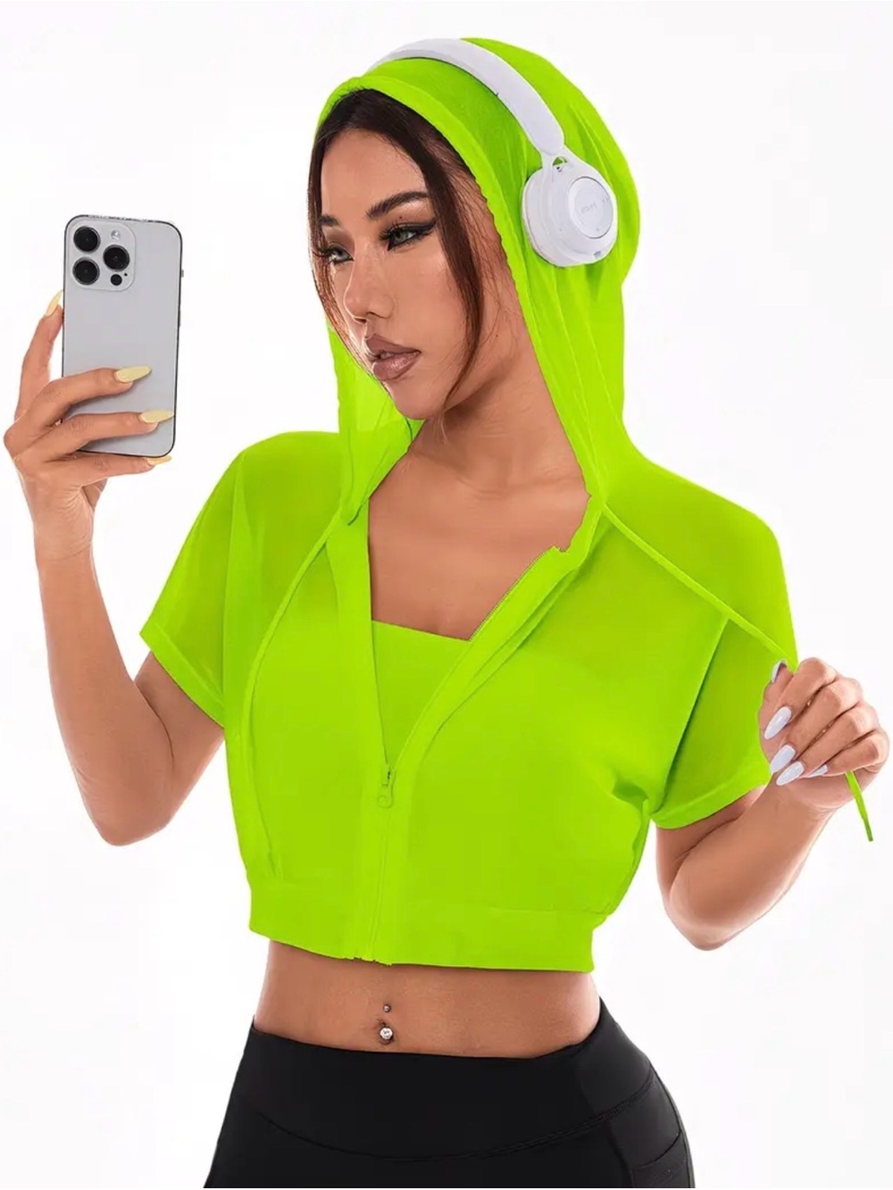 Neon Green Cropped Hooded Zip-Front Women’s Top